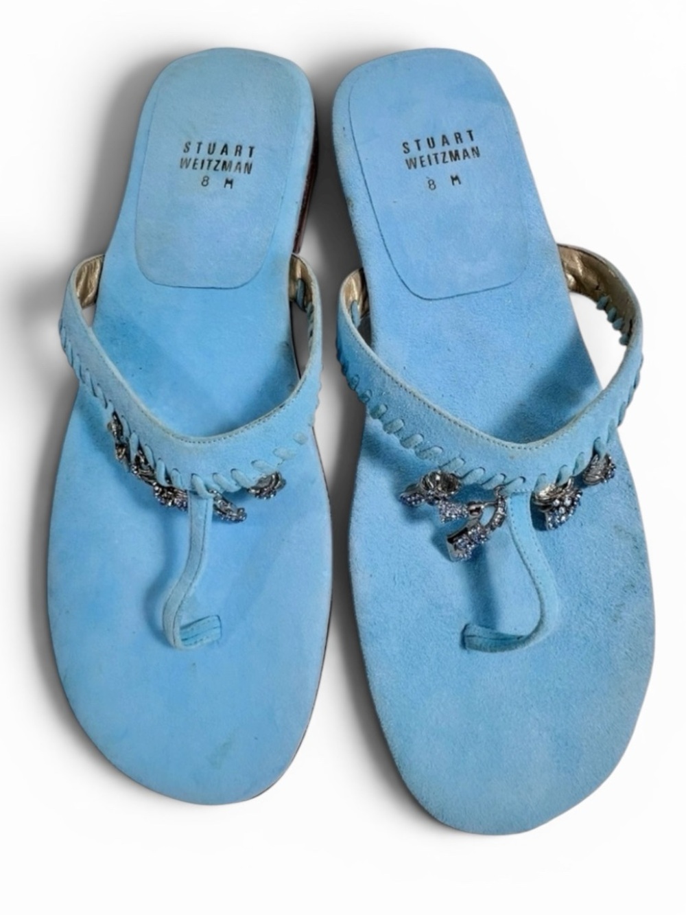 Stuart Weitzman shoe charm trimmed light blue suede sandals